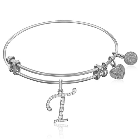 Expandable White Tone Brass Bangle with T Symbol with Cubic Zirconia