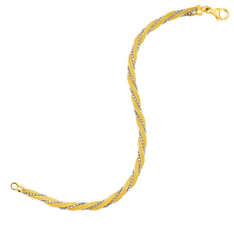 14K Two Tone Gold Textured Twisted Multi-Strand Chain Bracelet