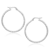 14K White Gold Tube Textured Round Hoop Earrings