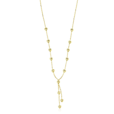 14K Yellow Gold Puffed Heart Station Diamond Cut Lariat Style Necklace