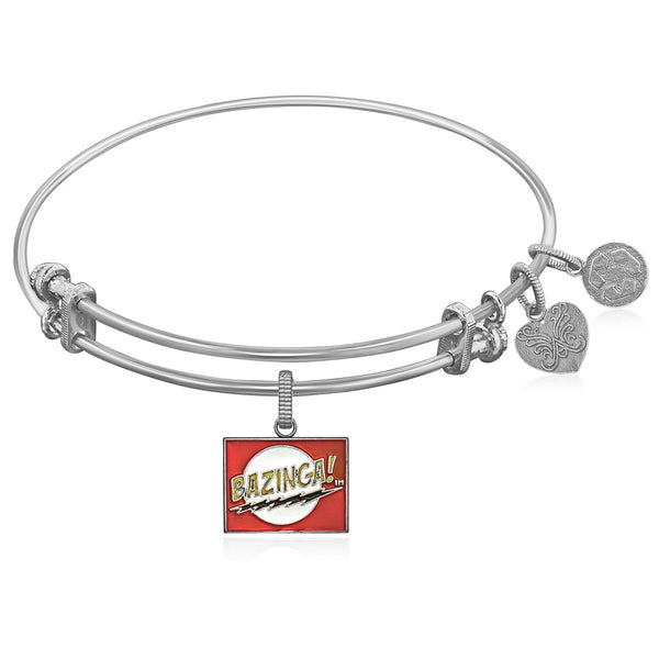 Expandable White Tone Brass Bangle with Bazinga Symbol