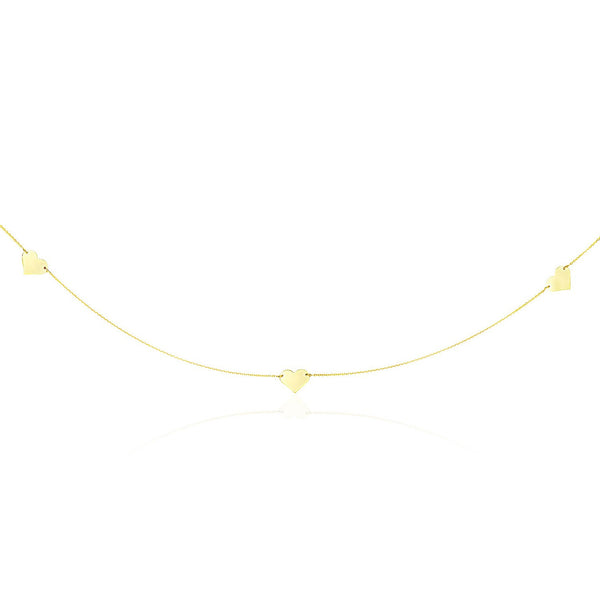 14K Yellow Gold Long Cable Chain Necklace with Flat Heart Stations