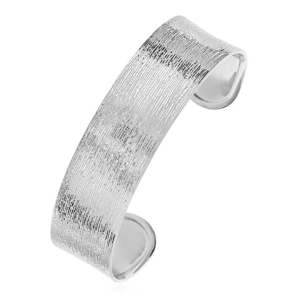 Textured White Toned Wide Cuff Bangle in Sterling Silver