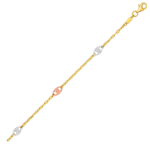14K Three-Toned Yellow, White, and Rose Gold Anklet with Textured Ovals