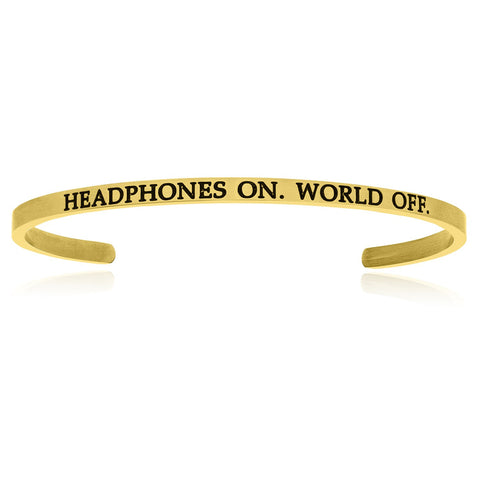 Yellow Stainless Steel Headphones On World Off Cuff Bracelet