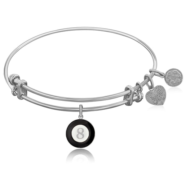 Expandable White Tone Brass Bangle with Black & White Enamel 8 Ball Symbol