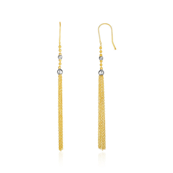 14K Two-Tone Yellow and White Gold Ball and Multi-Strand Tassel Earrings