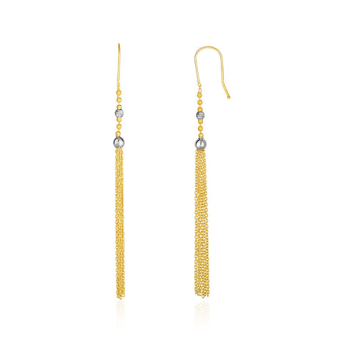 14K Two-Tone Yellow and White Gold Ball and Multi-Strand Tassel Earrings
