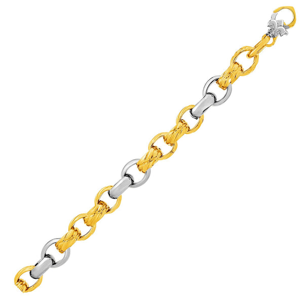 14K Two-Tone Yellow and White Gold Textured Rounded Link Bracelet