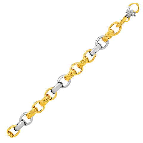 14K Two-Tone Yellow and White Gold Textured Rounded Link Bracelet
