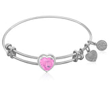 Expandable White Tone Brass Bangle with Pink CZ Heart Symbol