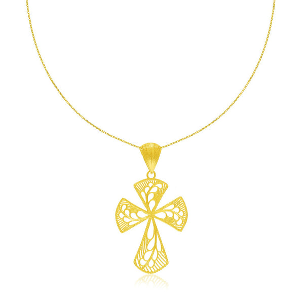 14K Yellow Gold Cross Pendant with Leaf Design Lace Pattern