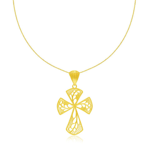 14K Yellow Gold Cross Pendant with Leaf Design Lace Pattern