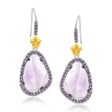 18K Yellow Gold & Sterling Silver Fleur De Lis Style Amethyst Drop Earrings