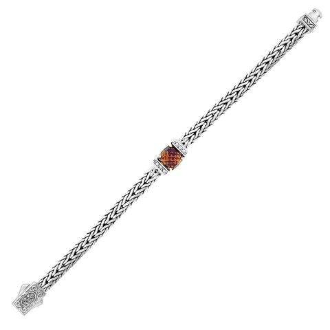 Sterling Silver Smokey Quartz and White Sapphire Embellished Weave Bracelet