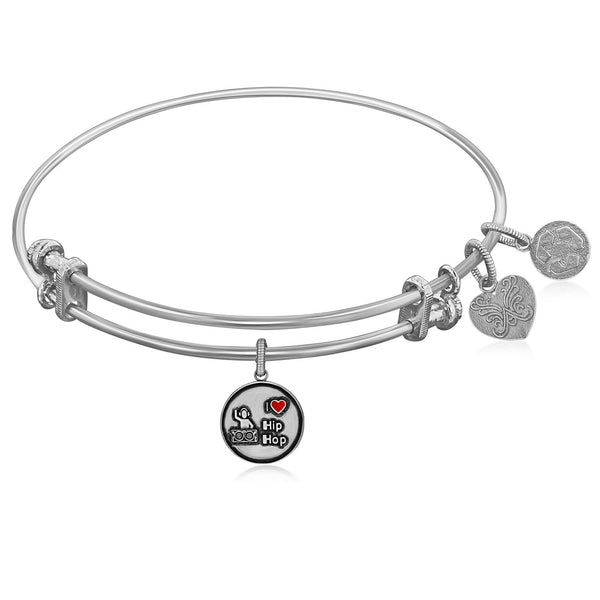 Expandable White Tone Brass Bangle with I Love Hip Hop Symbol