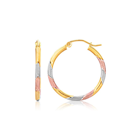10K Tri-Color Textured Hoop Earrings (1inch Diameter)