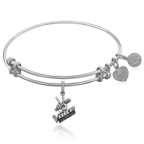 Expandable White Tone Brass Bangle with The Voice Microphone Symbol