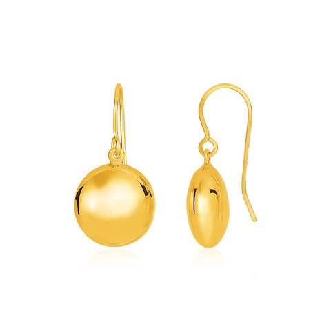 14K Yellow Gold Puffed Circle Shape Drop Earrings
