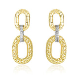 14K Two-Tone Gold Diamond Cut Texture Oval Shape Drop Earrings