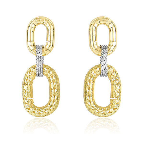 14K Two-Tone Gold Diamond Cut Texture Oval Shape Drop Earrings