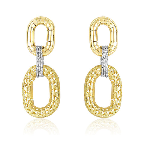 14K Two-Tone Gold Diamond Cut Texture Oval Shape Drop Earrings