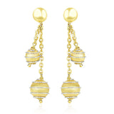 14K Two-Tone Gold Double Row Chain Earrings with Coil Embellished Balls
