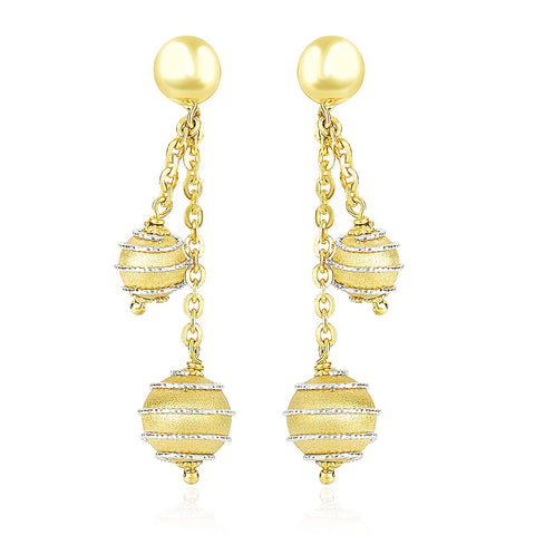 14K Two-Tone Gold Double Row Chain Earrings with Coil Embellished Balls