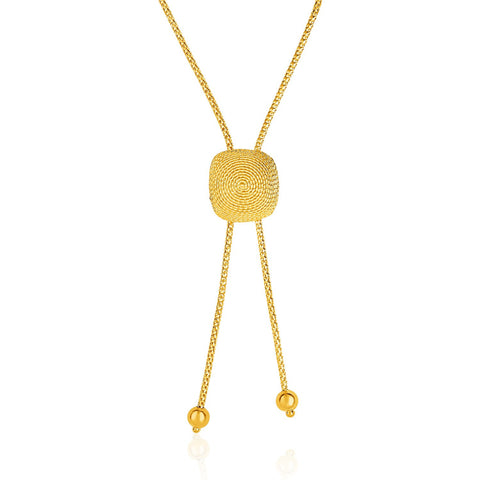 14K Yellow Gold Adjustable Lariat Necklace with Textured Semi-Square Dome