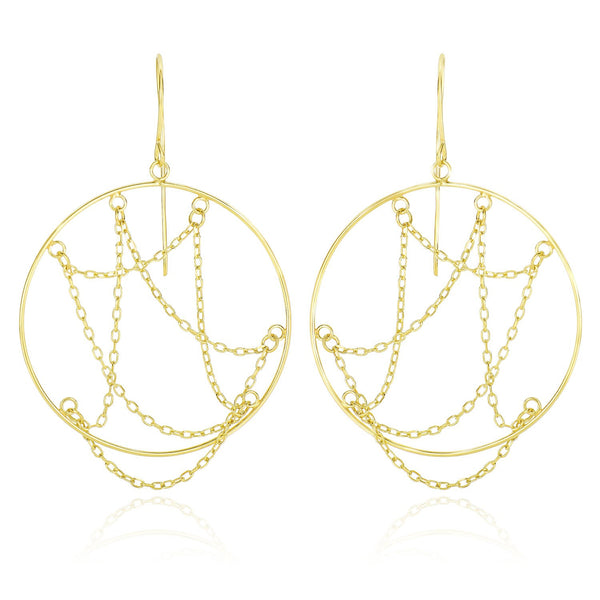 14K Yellow Gold Cable Chain Web Design Open Circle Earrings
