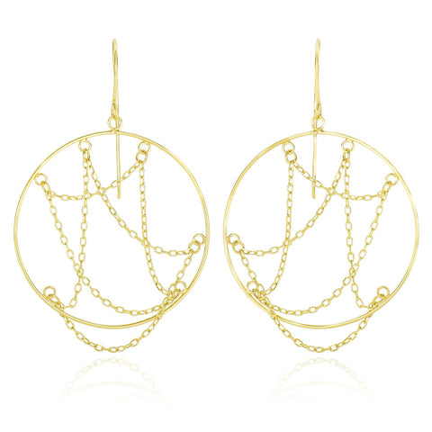 14K Yellow Gold Cable Chain Web Design Open Circle Earrings