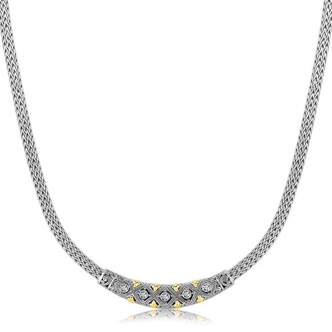 18K Yellow Gold & Rhodium Sterling Silver Baroque Curved Bar Diamond Necklace
