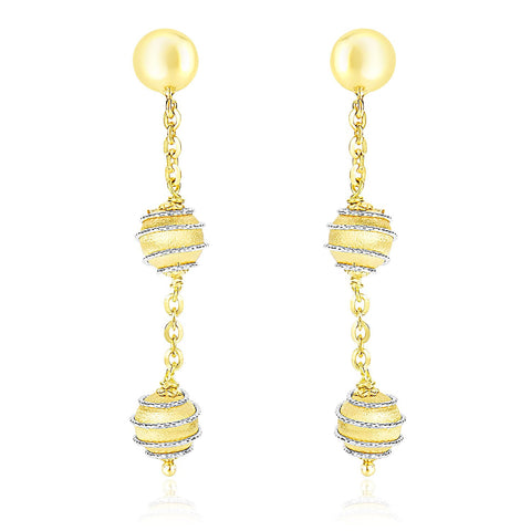 14K Two-Tone Gold Coil Wrapped Ball and Chain Dangling Earrings