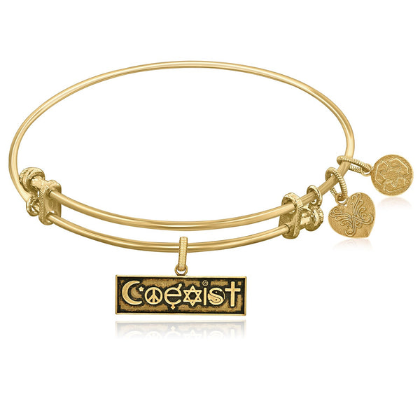 Expandable Yellow Tone Brass Bangle with Coexist Symbol