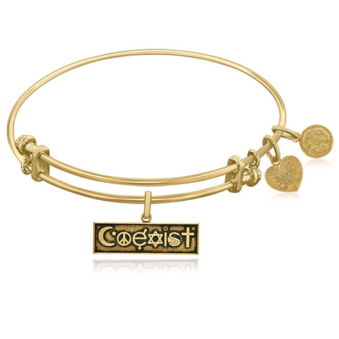 Expandable Yellow Tone Brass Bangle with Coexist Symbol