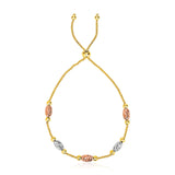 14K Tri-Gold Diamond Cut Oval Station Lariat Style Bracelet