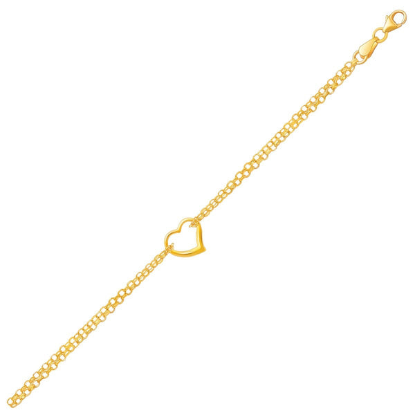 10K Yellow Gold Double Rolo Chain Anklet with an Open Heart Station