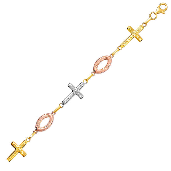14K Three-Toned Yellow, White, and Rose Gold Cross Bracelet