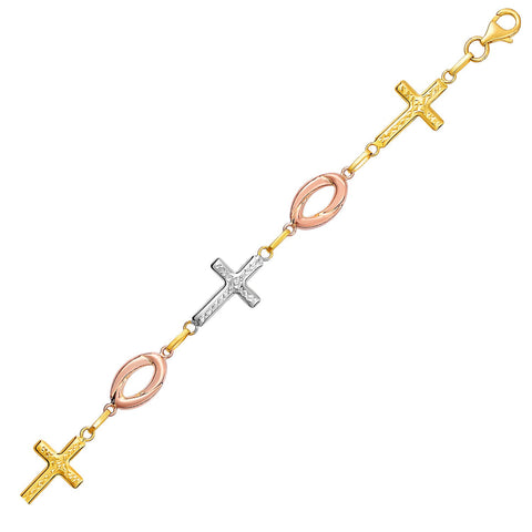 14K Three-Toned Yellow, White, and Rose Gold Cross Bracelet