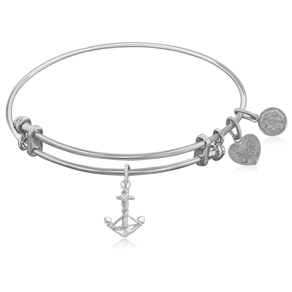 Expandable White Tone Brass Bangle with Anchor Symbol