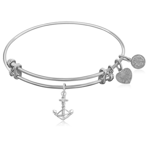 Expandable White Tone Brass Bangle with Anchor Symbol
