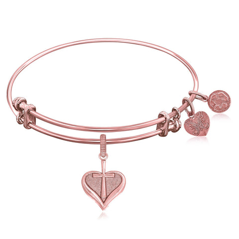 Expandable Bangle in Pink Tone Brass with Heart With Cross Symbol