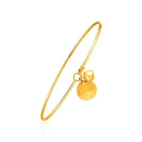 14K Yellow Gold Bangle with Engraved  inchesLove inches and Puffed Heart Charms
