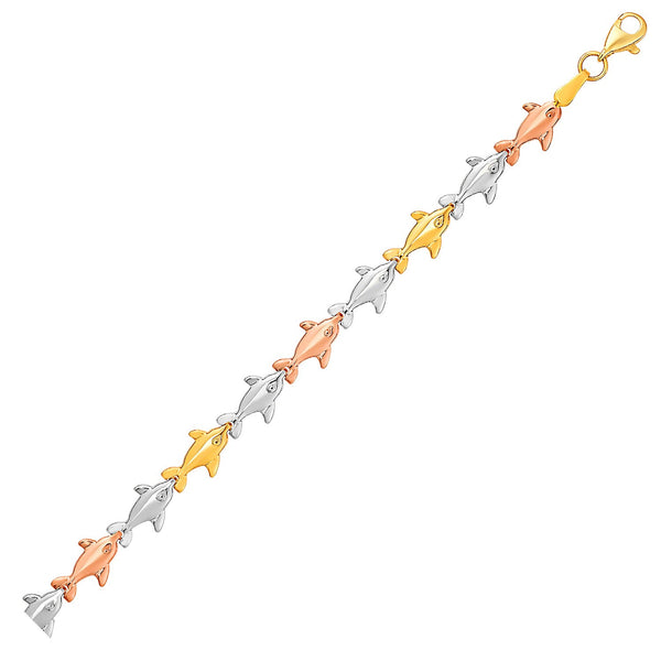 Dolphin Bracelet in 14K Three-Toned Yellow, White, and Rose Gold