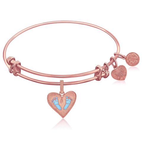 Expandable Pink Tone Brass Bangle with Blue Enamel Baby Foot Print Symbol