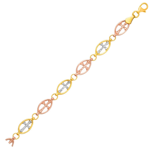 14K Three-Toned Yellow, White, and Rose Gold Cross Link Bracelet