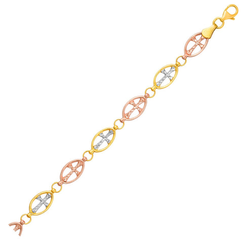 14K Three-Toned Yellow, White, and Rose Gold Cross Link Bracelet