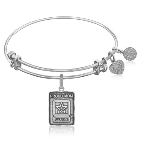 Expandable Bangle in White Tone Brass with U.S. Army Proud Mom Symbol