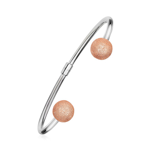 Hinged Cuff Bangle with Textured Rose Finish Ball Ends in Sterling Silver