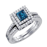 14KT White Gold 0.85CTW BLUE DIAMOND 0.45CT ROUND CENTER BRIDAL SET